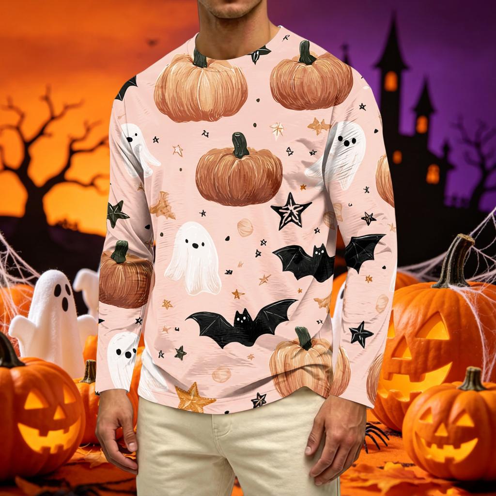Men's Long Sleeve Casual T Shirt Crew Neck Haunted House Print Halloween Theme Graphic Tee Comfortable Fit