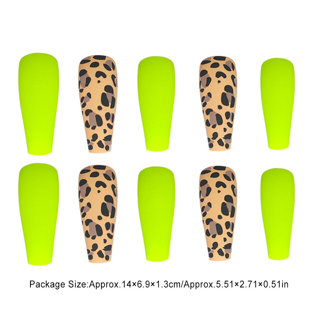 1 Set French Tip Press On Nails Leopard Pattern Long Artificial Matte Fingernails Fluorescent Yellow Tips Full Cover Ballerina