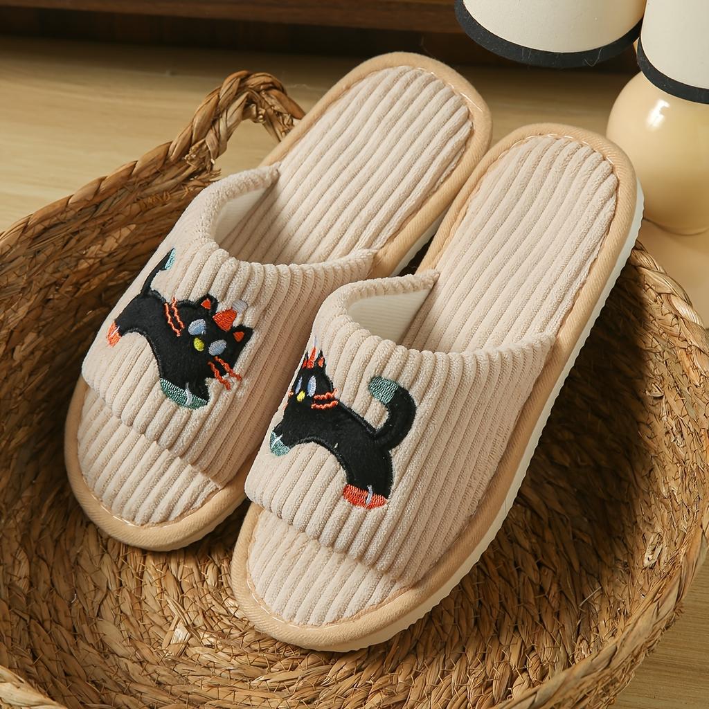 Cute Cartoon Cat Slip-On Slippers with Santa Hat & Striped Design - Non-Slip EVA Sole, Soft Fabric Indoor House Shoes for Men & Women,