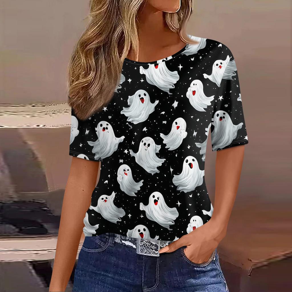 Women's Casual Short Sleeve Pullover Top Halloween Bat Pumpkin Print Round Neck Relaxed Fit Shirt for Fall Seasonal Wear