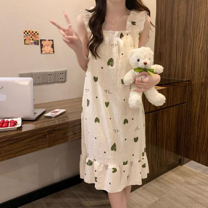 Cloud Cotton Pajamas Girl Summer Sweet Princess Style with Chest Pad Suspender Medium Length Loose Nightdress Loungewear Outside