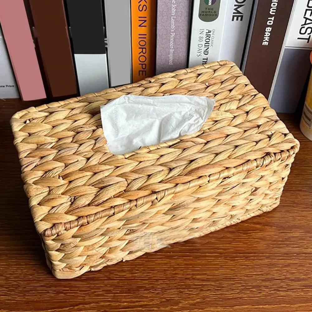 Tissue Box Handmade Handwoven Water Hyacinth Tissue Box Holder Rustic Boho Natural Fiber Napkin Dispenser Set Straw Tissue Box