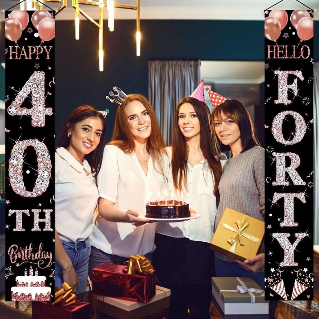 40th Birthday Door Banner Decorations for Women, Rose Gold Happy 40th Birthday Hello Forty Porch Sign Party Supplies, 40 Year Old Bday for Indoor