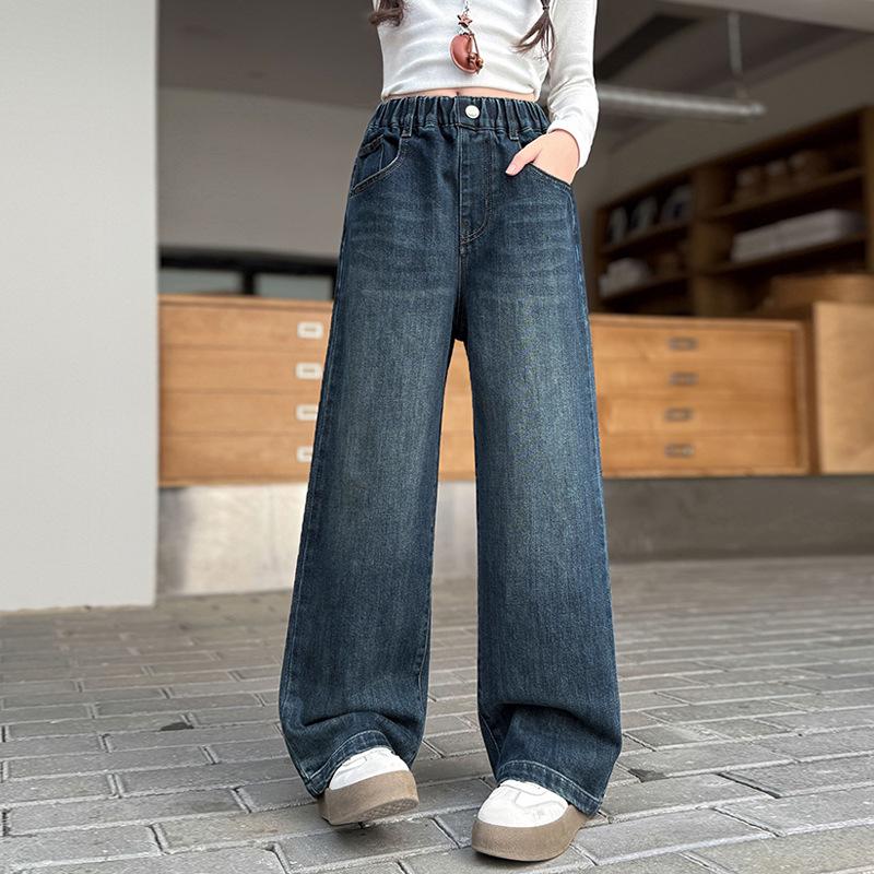 Big Girls' Stylish Straight-Leg Wide-Leg Jeans - Korean Style, 2025 Collection