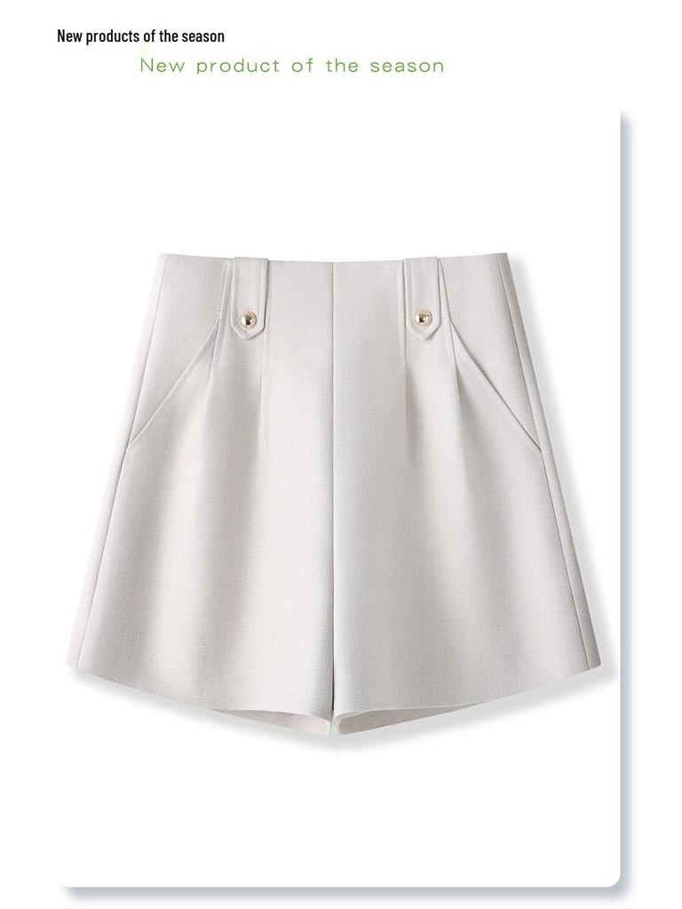 Women's White A-Line Suit Shorts: 2025 Spring Collection, Loose, Wide-Leg, Slimming Casual Four-Point Pants