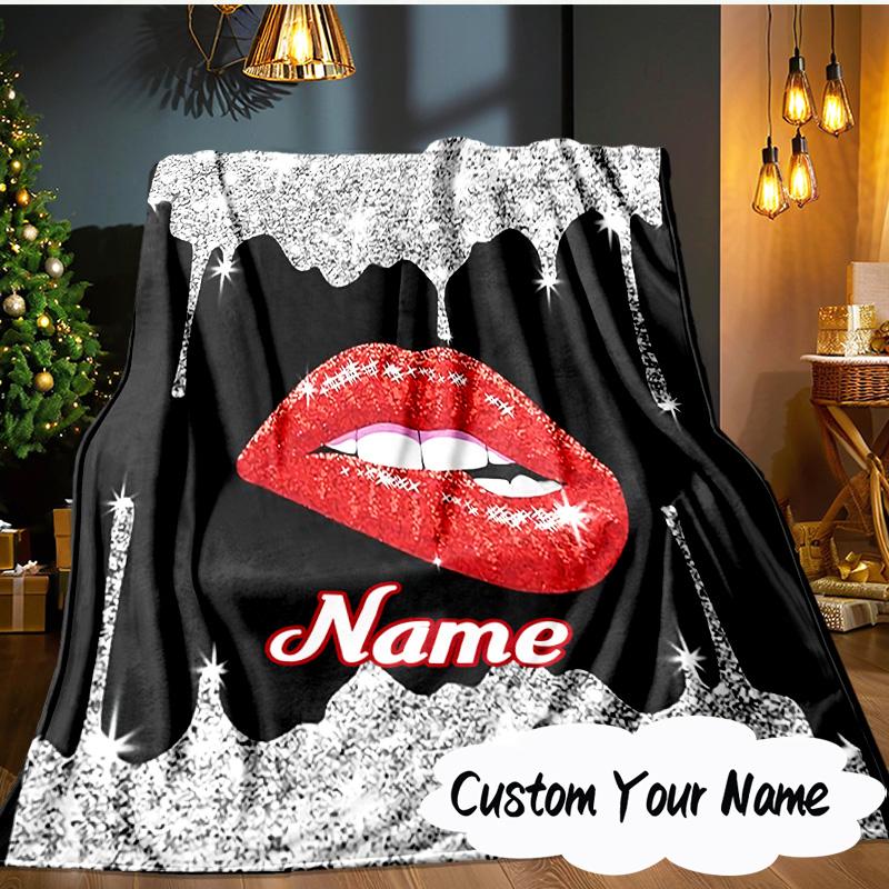 Custom Name Red Lips Art Blanket Ideal Bedding Blanket Perfect for Travel, Camping, Living Rooms, Offices, Sofas, Fan Christmas gift