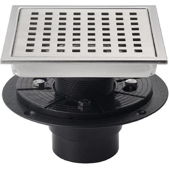 6 Inch Shower Drain Brushed Nickel Square with Adjustable Shower Drain Base Flange SUS304 Stainless Steel Floor Drain Cover Removable Mesh Grille
