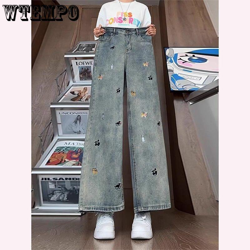 Embroidered Jeans for Women Spring and Autumn Large Size Loose Wide Legs Straight Leg Pants