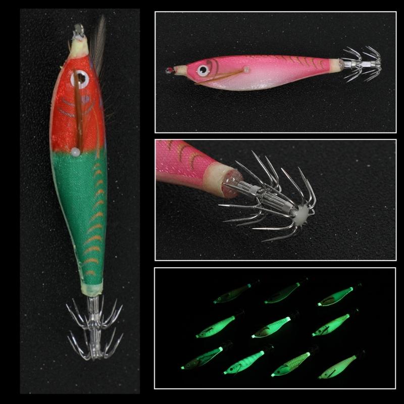 10Pcs Luminously Squid Jigs Hook Fishing Lures Baits Hard Artificial Shrimp Baits with Hook Hard Night Fishing Baits