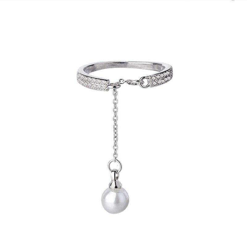 S925 Stamp Silver Color Micro Zircon Rings Simulated Pearl Chain Tassel Adjustable Rings For Women Anillos Bague S -R334