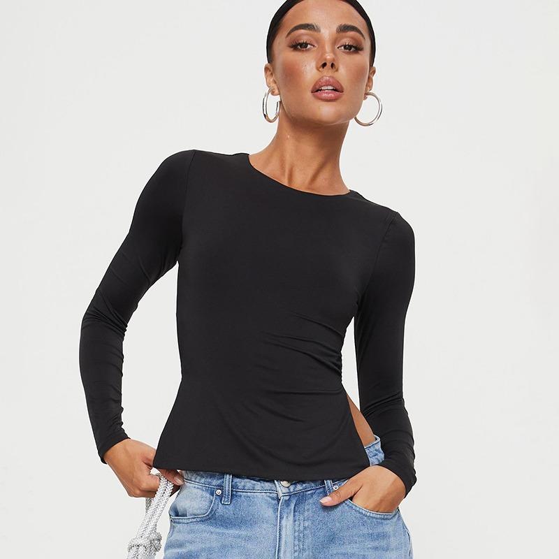 Modisches langärmliges rückenfreies sexy T-Shirt für Damen, modisch, Slim Fit, Basis, Schnürung, schwarze T-Shirts für Damen, Frühling und Herbst, Street-Casual-T-Shirt, Tops 25553