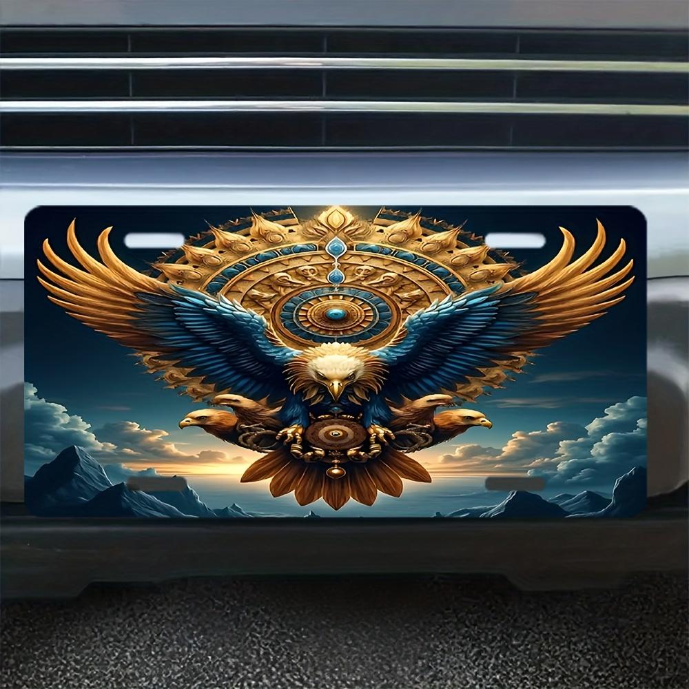 

Mythical MultiHeaded Eagle with Aztec Sun Stone Mandala Aluminum Tin Painting License Plate Shape Fantasy Metal Wall Art Decor 15x30cm(5.9x7.8inch)