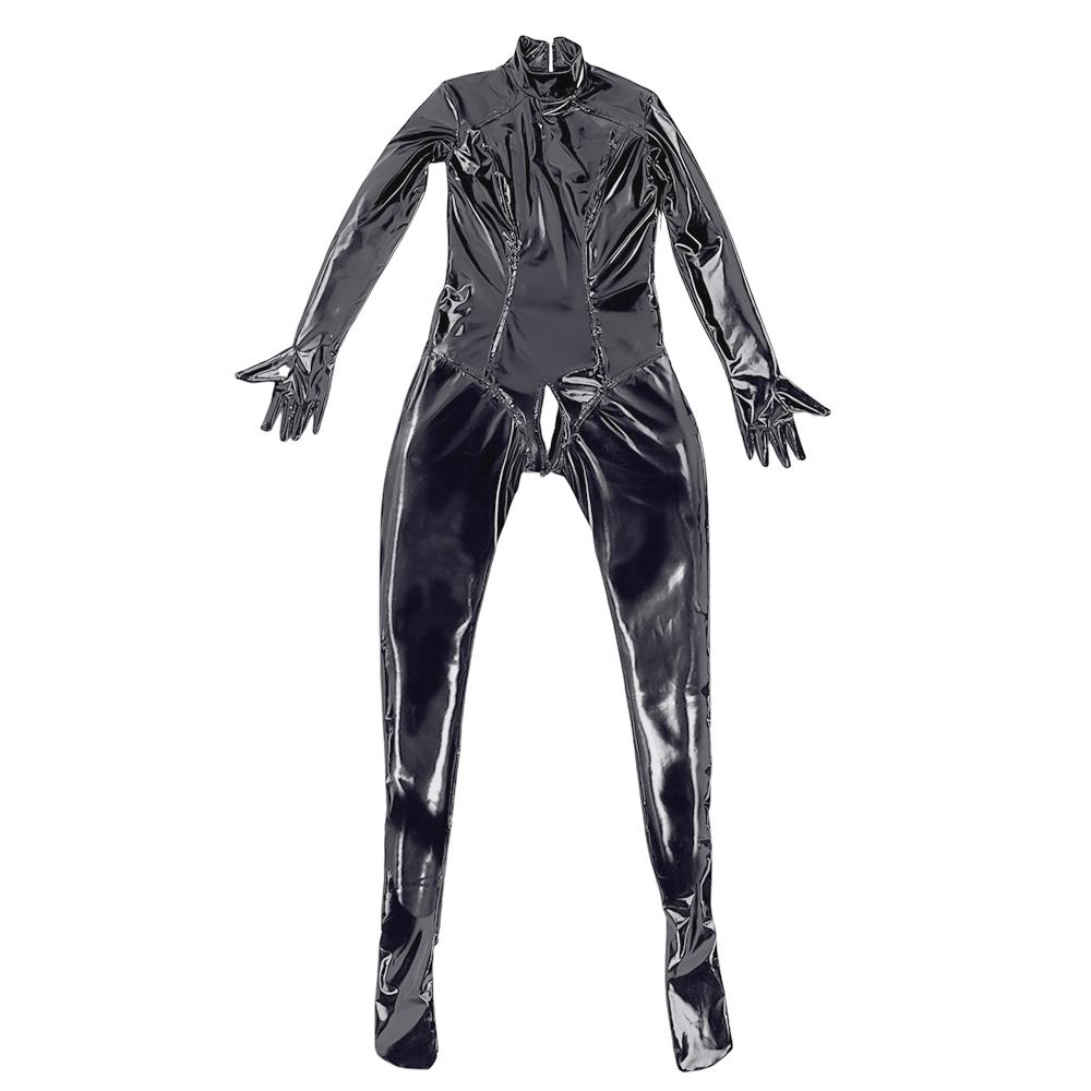Sexy Women Glove Sleeve Pvc Wetlook Shiny Full Bodysuit Pu Elasitc Sexy Tight Zipper Crotch Maid Leotard Faux Leather