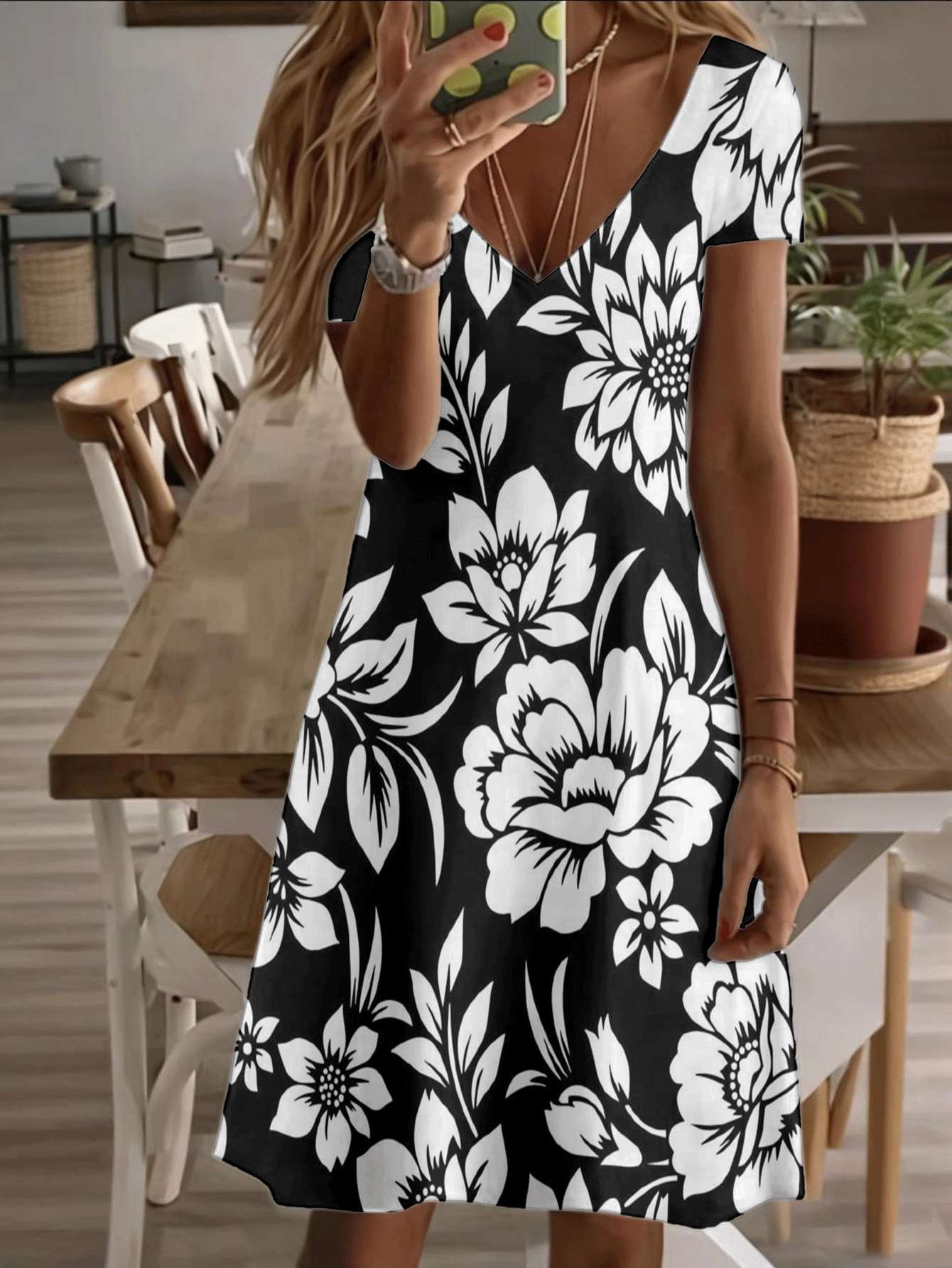

Vneck shortsleeve midi dress floral women black and white flower print 3D premium printing durable casual fashion elegant summer outfit beach wear tre M дубильна кора