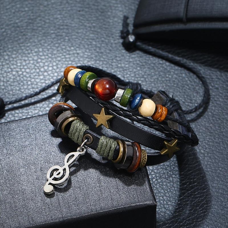 Multilayer Leather Bracelet Handmade Beaded Bracelet Musical Note Bracelet Vintage Hollow Star Bracelet (Multicolor)
