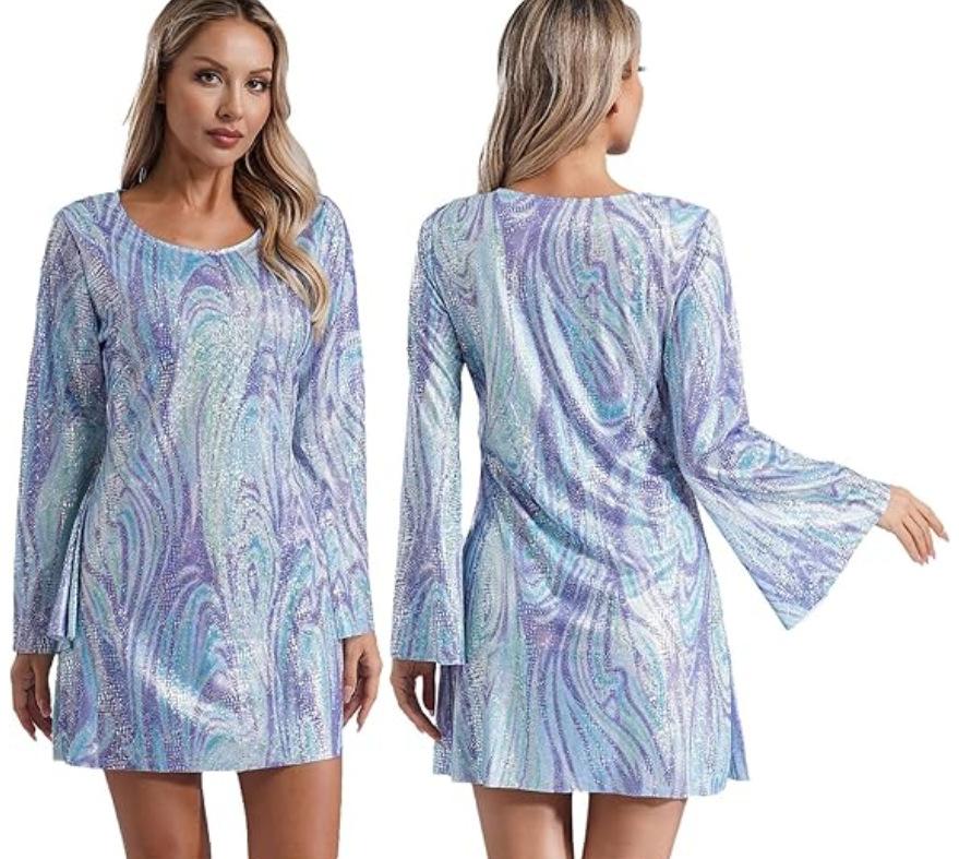 70s Hippie Disco Gogo Dress with Headscarf Two Piece Set for Halloween Party