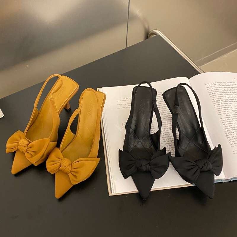 French high-heeled niche bag head bow sandals fairy shoes 2025 new summer thin heel pointed shoes