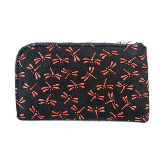 Inden-ya Inden Wallet Zipper Coin Case 1005 F Coin Pouch 05 Black Deer Leather x Red Lacquer Dragonfly Pattern L-shaped Zipper Outer Pocket 1 Card