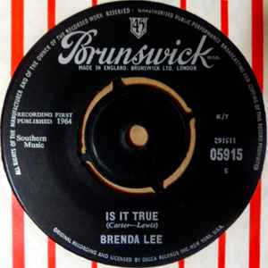

7inch Record BRENDA LEE - Is It True 05915 Brunswick 1964 UK Rock Used
