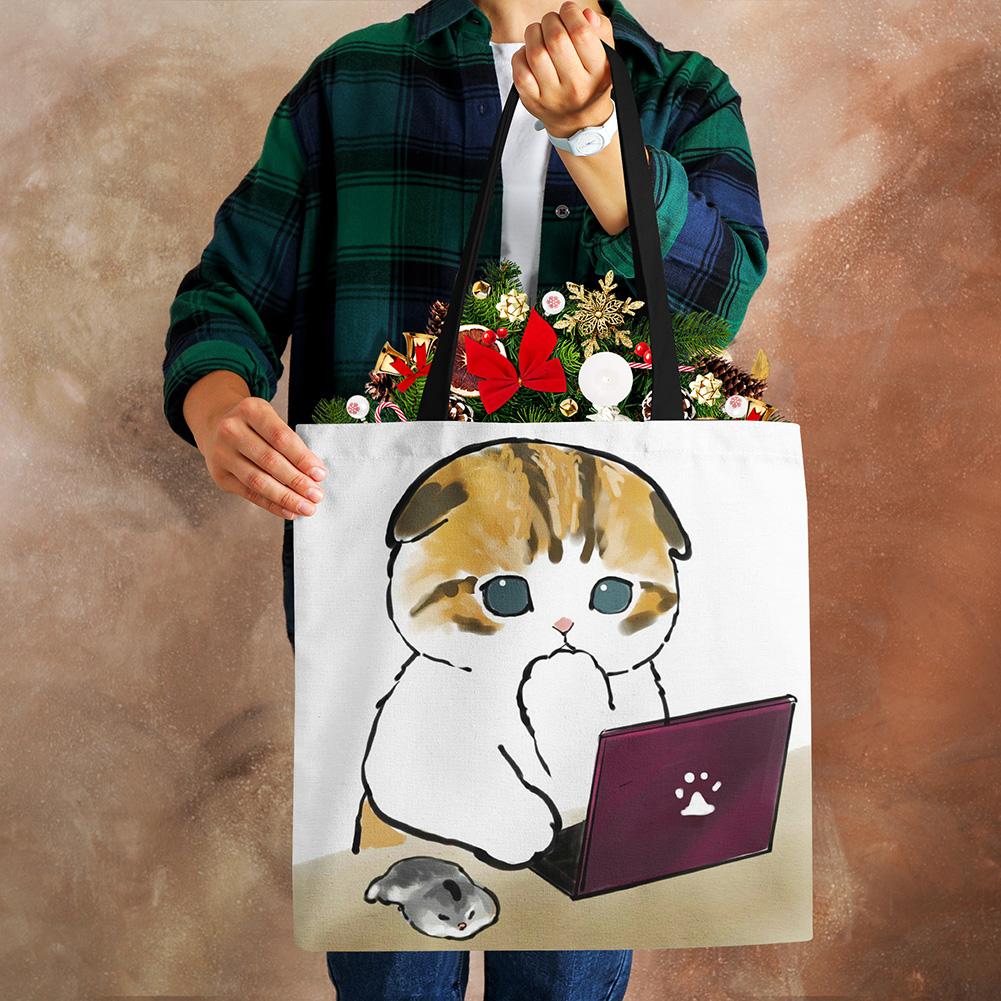 Cat Cartoon Canvas Shoulder Bag Women Print Harajuku Casual Shopping Tote Bag Reusable Large Capacity Folding Handbag CLE