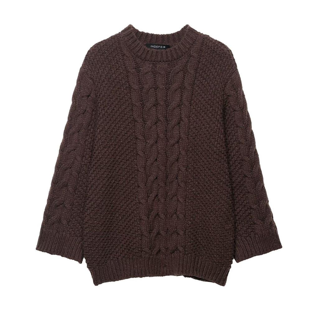 Retro European & American Style Cable Knit Sweater with Big Sleeves for Women
