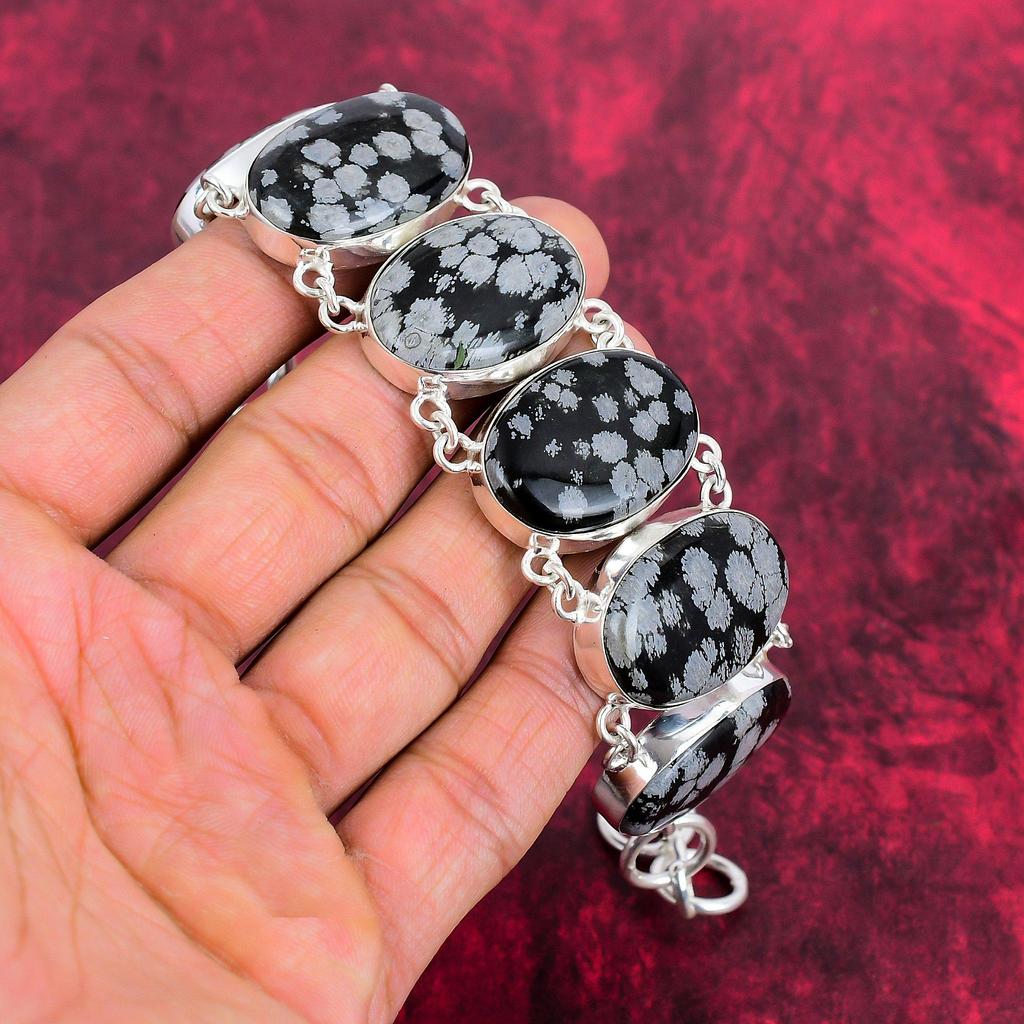 Snowflake Obsidian Gemstone Jewelry, 925 Solid Sterling Silver Bracelet, Obsidian Bracelet Jewelry, Dazzling Handmade Jewelry For Love