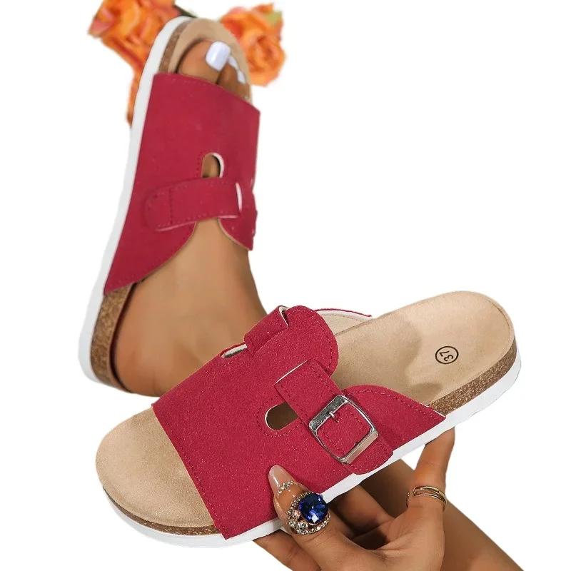 Fashion 2024 Hot Sale Summer Shoes Female Open Toe Women's Slippers Buckle Solid Flat Casual Beach Large Size Slippers Zapatos De Mujer