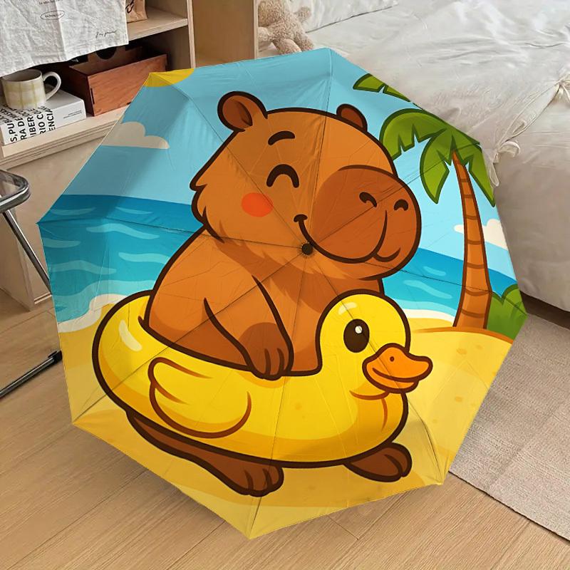 

1pc Beach Capybara Fashionable Automatic Opening/Closing Folding Umbrella with 8 Iron Bones, Plastic Handle yy251015068