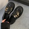 Platform loafers women's autumn and winter leather retro French single shoes one-pedal women's shoes British style velvet small leather shoes
