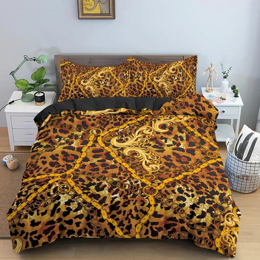 Goldketten Bettbezug Leopardenmuster Bettwäscheset Bettdeckenbezüge für Schlafzimmer Einzel- Kingsize Weicher Steppdeckenbezug Heimtextil