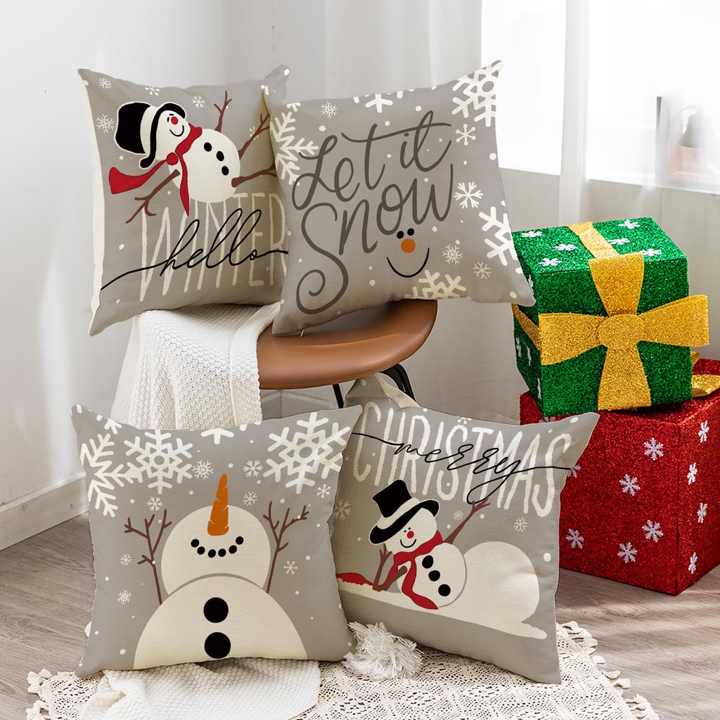 New Linen Cartoon Snowman Pillow Cover Christmas Decorative Sofa Cushion Linen Breathable Cushion Printed Cushion