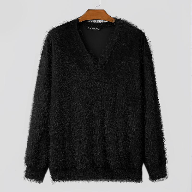 INCERUN Men V Neck Long Sleeve Tassels Warm Tops Stretch Pullovers