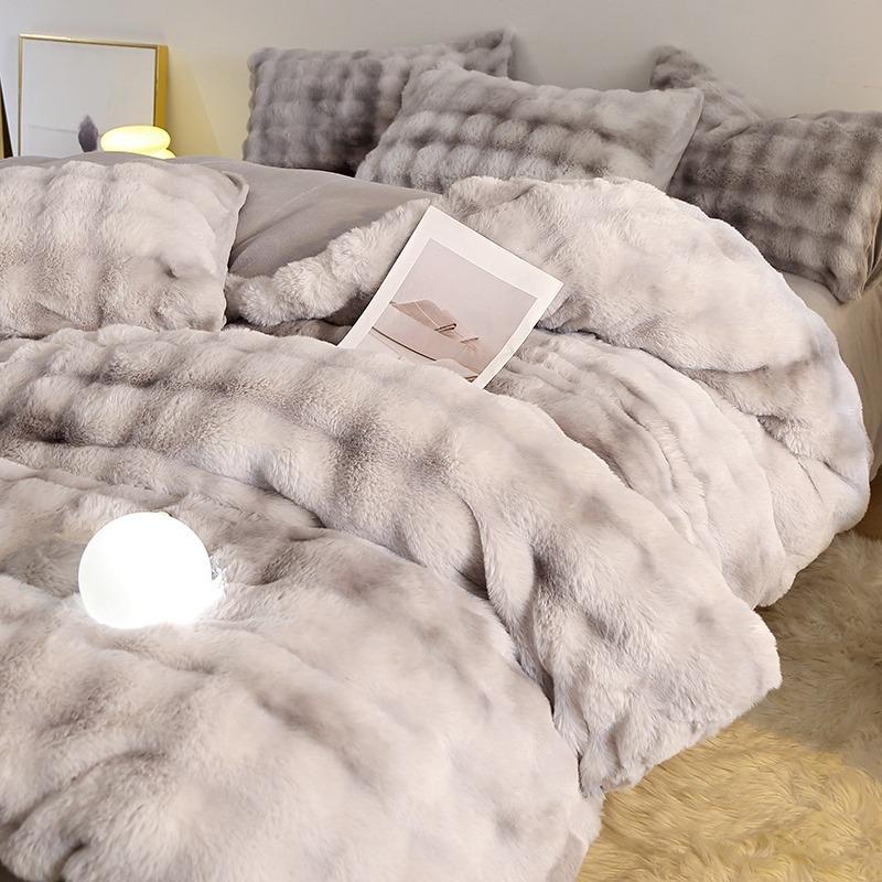 Light Luxury Rabbit Fleece Thickened Milk Fleece Four-Piece Set, Bed Sheet Quilt Cover Three-Piece Set, Bedding, Bed Hat Model
