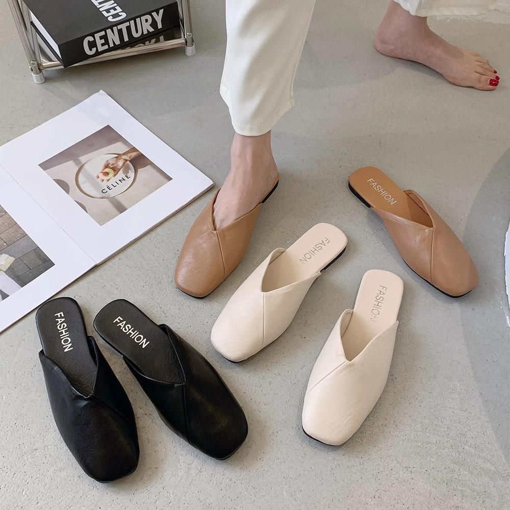 Women Mules Summer Elegant Square Closed Toe Flat Slippers Female Casual Leather Elegant Comfortable Slides Plus Size 35-43