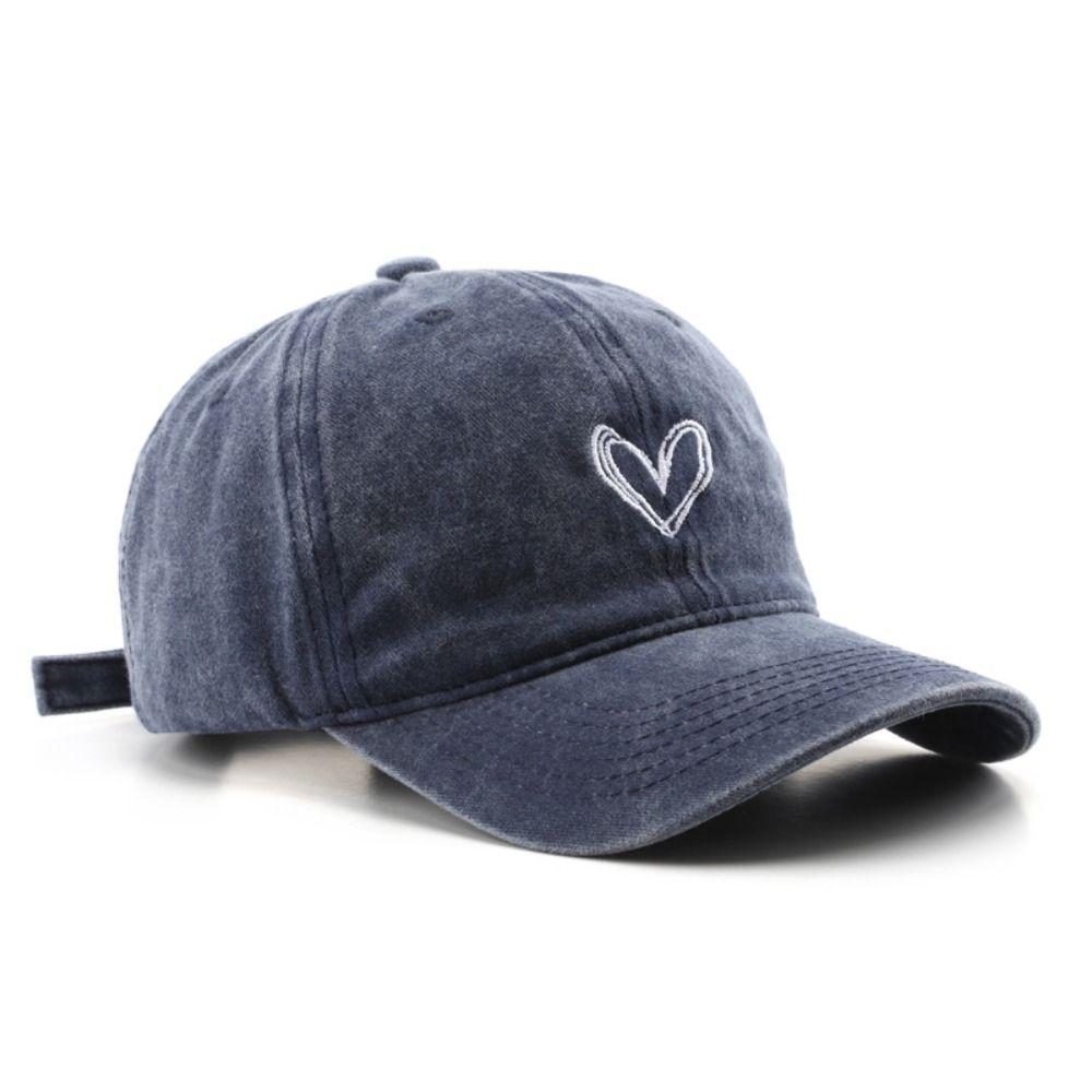 New Embroidery Peach Heart Spring/Summer Hat Adjustable Casual Soft Top Duck Hat Wash Denim Baseball Caps for Women Men Couple