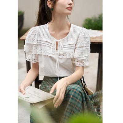 Women's Blouse 2023 New Summer 100% Cotton Breathable Soft Lace Design Puff Sleeve Solid O-neck Pullover Tops  MXC35X0061