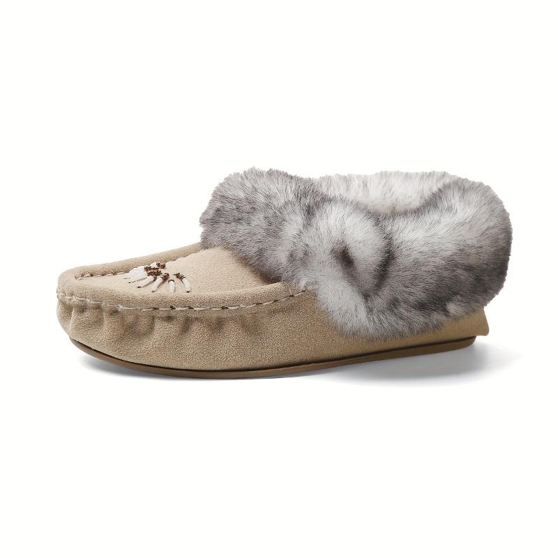 Women's Faux Fur Slippers - All-Season Cozy Moccasins with Petal & Leaf-like Embellishment, Soft TPR Sole & Faux Cover-like Upper, Beige