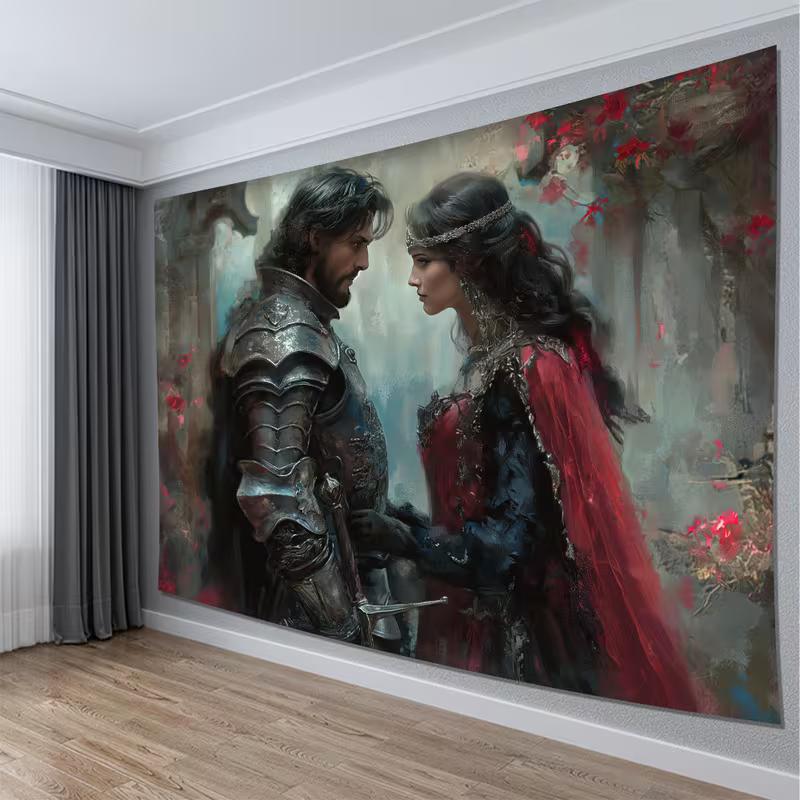 2D Dark Fantasy Knight and Lady Love Tapestry Medieval Gothic Art Wall Decor Cloth for Home & Bedroom