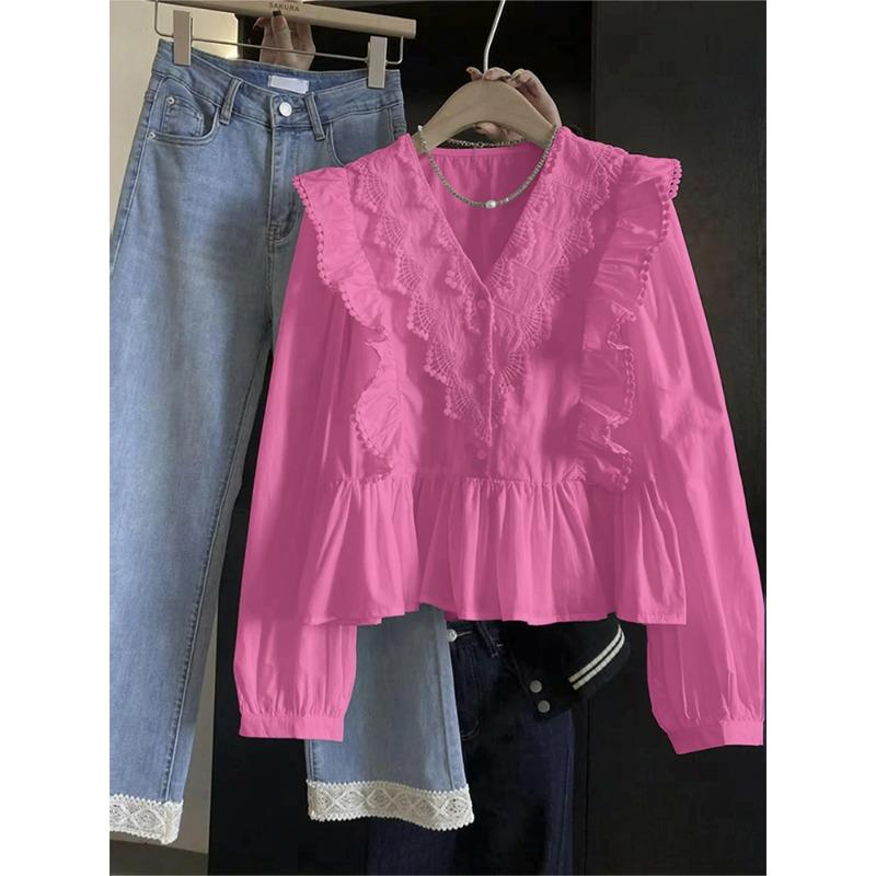 

Fashion Casual Lace Splicing Ruffled Edge Women Blouse Long Sleeve Top Solid Color Sweet Loose Casual Simple Spring Autumn Shirts XL рожевий