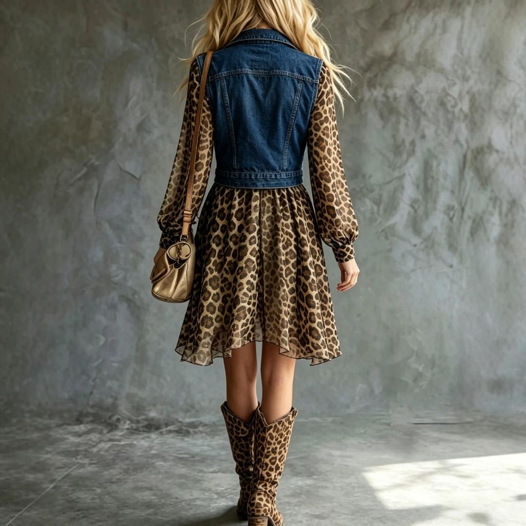 Damen Echtes Denim Kleid mit Leopardenmuster - Trendig Lässig für den Alltag