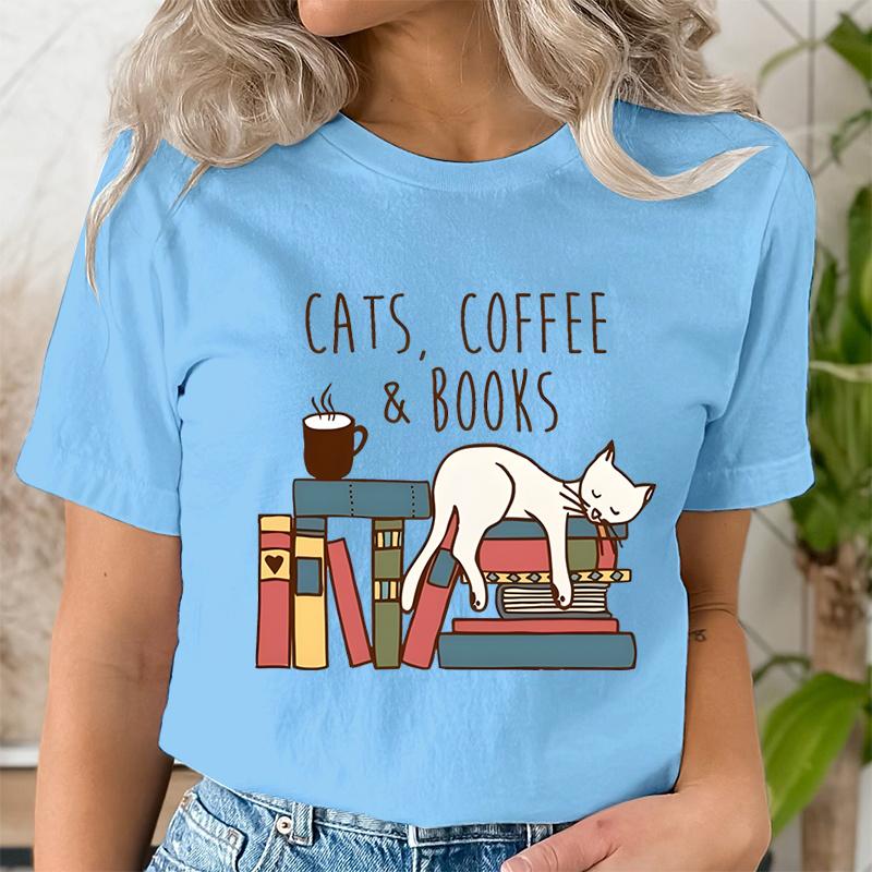 Cats Coffee Books Women Cute Bookworm TShirts Funny Book Lover T Shirt Vintage Reading Graphic Tees Female Bookish Tops Tshirt