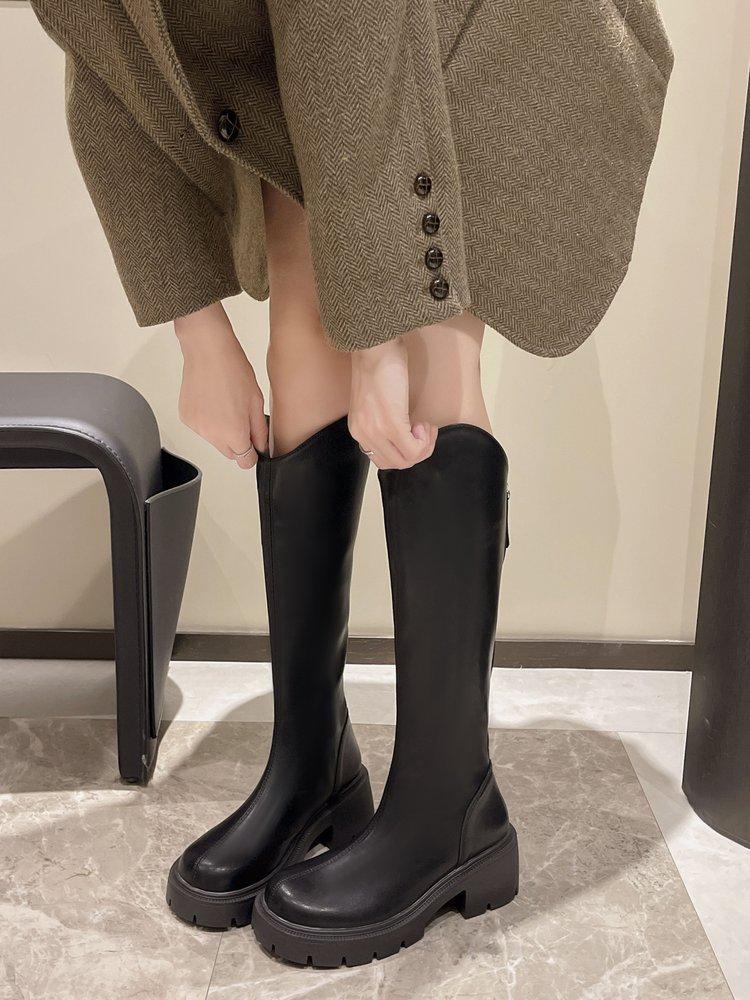 

Но сапоги женские до колена 2024 осень новые задняя молния толстый каблук круглый нос высокие рыцарские сапоги 35 чёрный