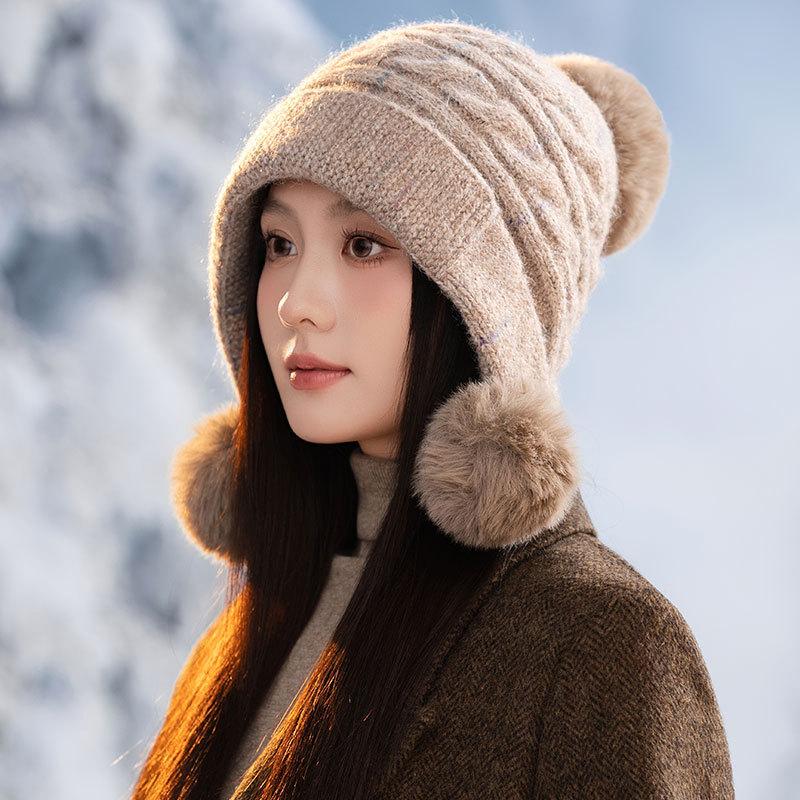 Cute Hairball Knitted Thermal Hat Women's Plush Thickened Ear Protector Wool Hat