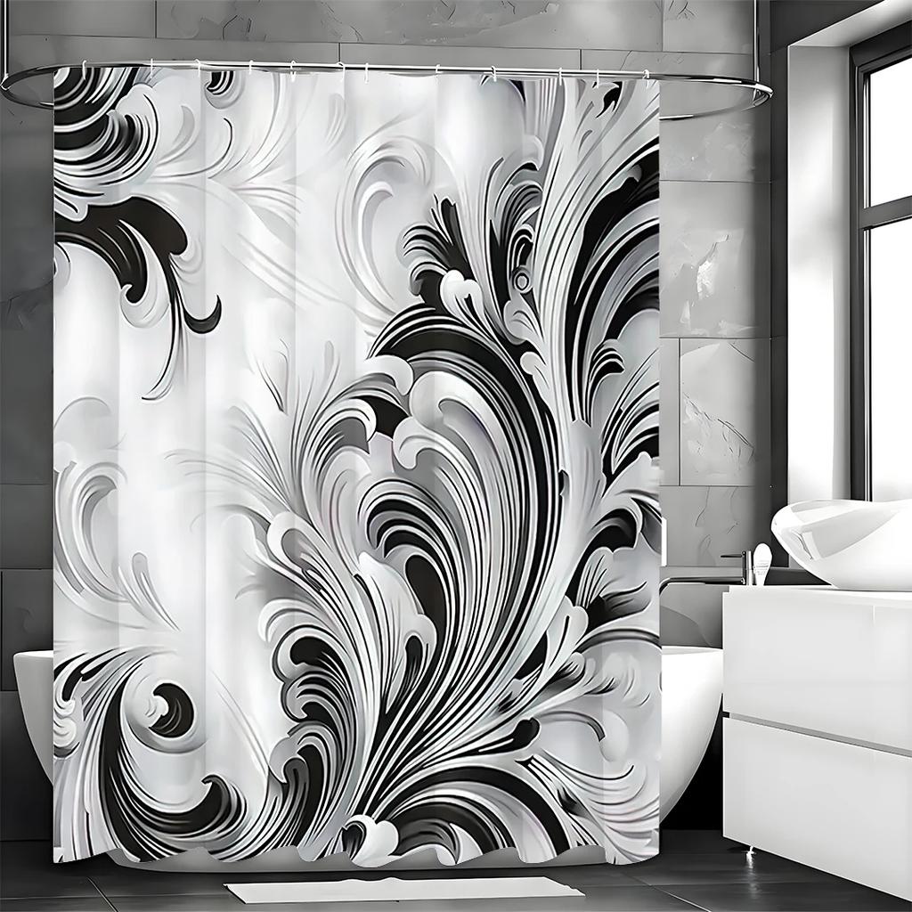 Black and White Patterned Shower Curtain, Bathroom Decorative Shower Curtain, Waterproof Shower Curtain with Hooks