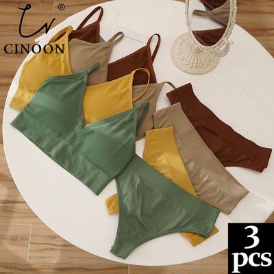 3Pcs/Lot Women Bra Set Sexy Seamless Thong Low Waist Panties Wire Free Bra Bralette Lingerie Brassiere Female Underwear Set