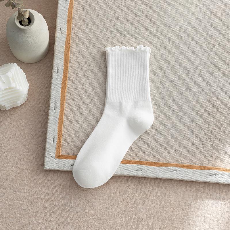 

6 пар носков средней длины с оборками Женские дышащие однотонные носки Комплект Черный Белый Кофе Бежевый Свободные махровые носки Влагоотводящие One Size