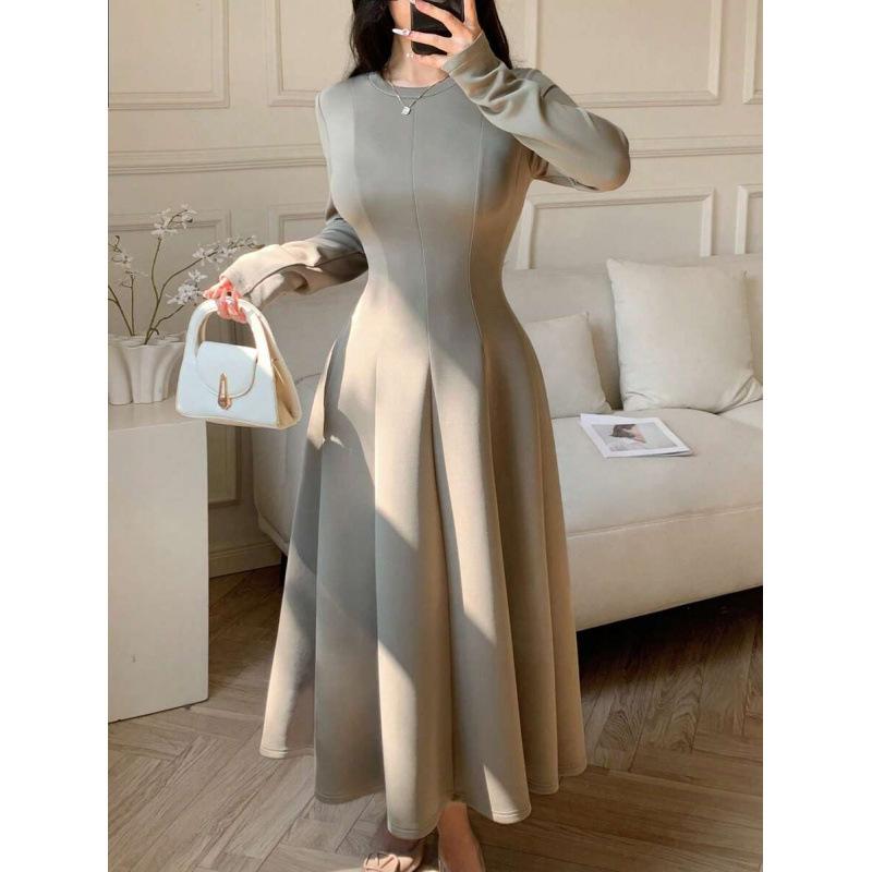 European autumn new solid color round neck front shoulder long sleeve waist thin fashion medium and long dress