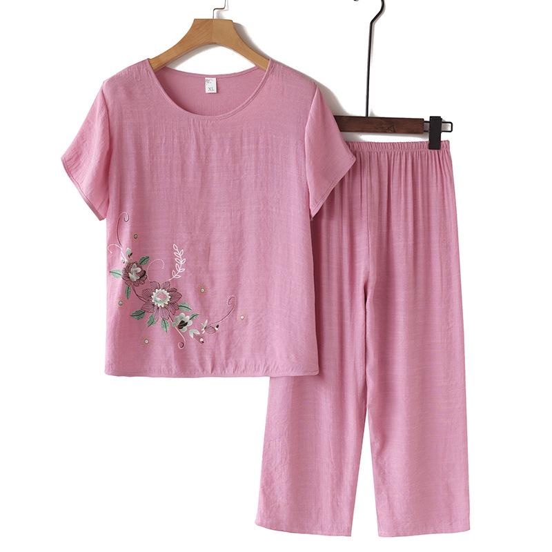 

Летний хлопково-льняной комплект с принтом для женщин среднего и пожилого возраста: Модная повседневная пижама-двойка больших размеров. XXXXL розовый