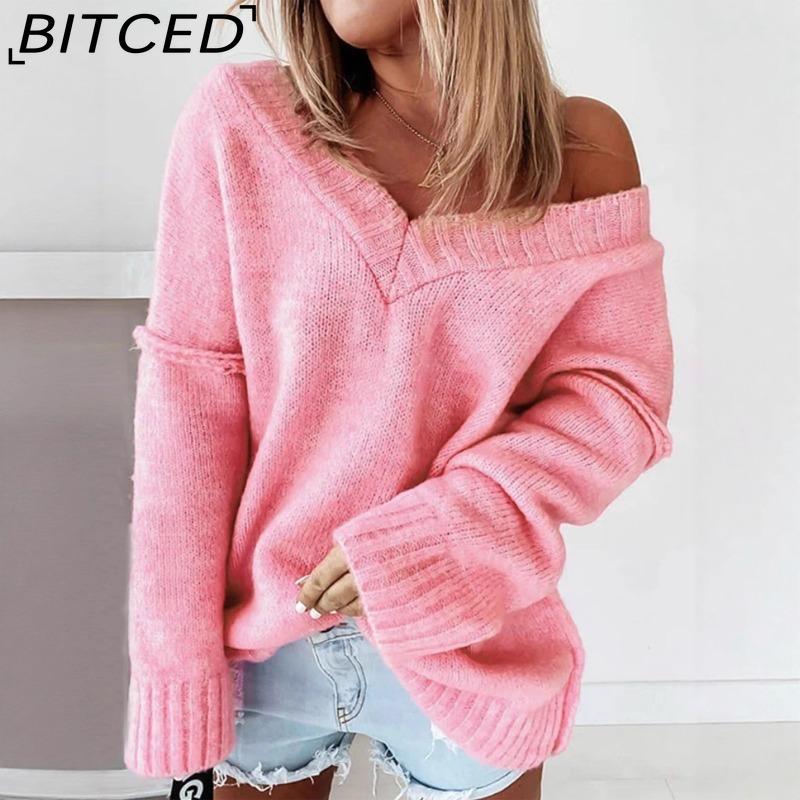 BITCED Fall/Winter Solid Color V-Neck Pullover Sweater Casual Oversized Long-Sleeve Off-Shoulder Pink Knit Top