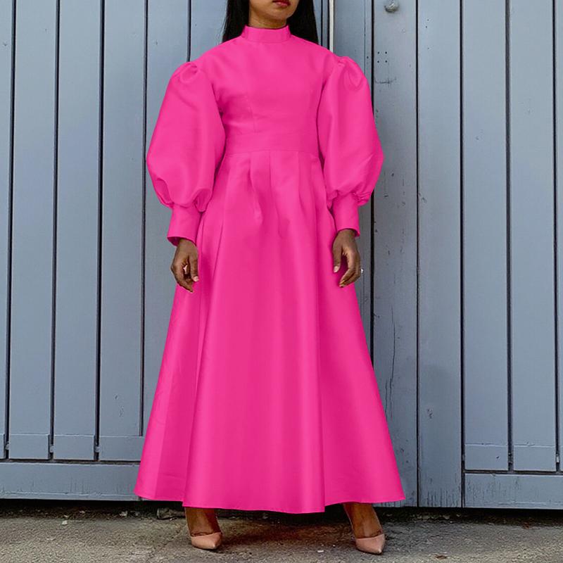 Elegant Women Stand Neck Puff Long Sleeve Casual Long Maxi Swing Dress